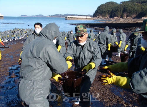 ▲ 육군본부(참모차장 방효복 중장)를 비롯한 장군 및 영관장교 300여명이 태안군 모항의 방제작전을 펼쳤다.  이번 방제활동은 참모부 및 직할부대 희망간부 300여명으로 태안군 원유유출사고 현장에서 방제지원 활동을 벌였다.	/특별취재반