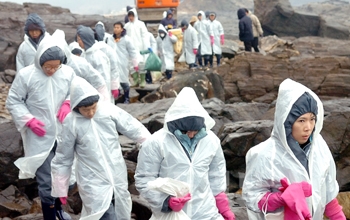 ▲ 본사 신윤식 부사장을 비롯한 임·직원들이 11일 방제작업 자원봉사를 위해 태안군 소원면 의항리 의항해수욕장 주변 작업장으로 이동하고 있다.	/특별취재반