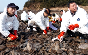 ▲ 한국전기안전공사 직원들이 15일 태안군 소원면 청운대에서 돌에 묻은 기름찌꺼기를 닦으며 방제작업을 벌이고 있다.	/특별취재반