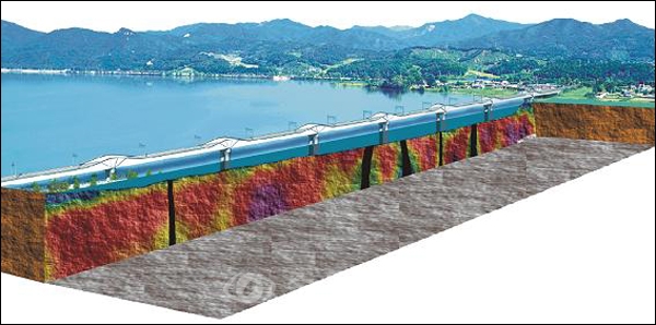 ▲ 수상 전기비저항 영상법의 응용 예. 북한강을 가로지르는 중앙선 철도교량 이설을 위한 지반조사를 위해 전기비저항 탐사를 수행, 강바닥 하부의 지질구조를 정밀 영상화한 모습. 