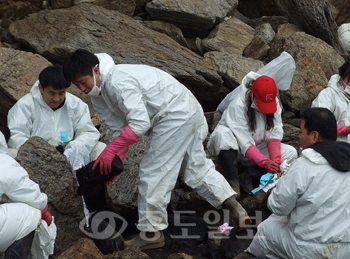 ▲ 태안교육청 초`중학교 교직원 60명은 21일 의항리 신노루에서 방제작업을 벌였다.