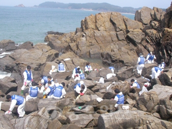 ▲ 서부발전(주) 태안발전본부 직원 60여명은 30일 태안 원북면 양쟁이 해안에서 자원봉사 3000명 돌파 기념 특별방제활동을 펼쳤다.