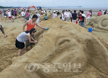 ▲ 지난해 7월 몽산포 해변에서 열린 ‘2007 몽산포 모래조각 페스티벌’에서 최우수상을 수상한 문선자씨 팀의 ‘바다에 온 코끼리’ 작품. 