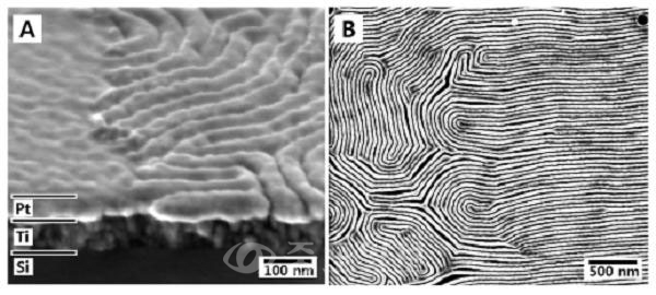▲ A사진은 연성소재 분자조립 나노기술을 이용한 백금나노구조. B사진은 스스로 대면적에서 정렬되는 연성소재 분자조립구조.