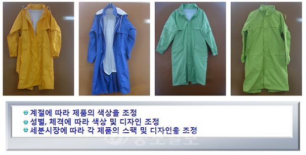 ▶브릿지가 생산한 우비제품들. (계절·성격·체격별 색상과 디자인 조정이 가능하고 세분시장에 따른 스팩·디자인 조정도 가능하다)