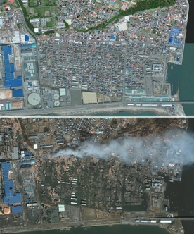 ▲ 지진발생 전과 후  지난 11일 일본 동북부 지역에 규모 9.0의 강진과 쓰나미가 강타한 가운데 2010년 4월 4일자 일본 미야기현 동부의 이시노마키 사진과 지진 발생 하루 뒤인 2011년 3월 12일자 동일 지역 사진에서 피해 규모를 짐작할 수 있다. <뉴시스>