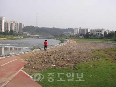 ▲ 하천에 징검다리가 놓여 물길이 바뀌면서 유등천 가수원교 구간에 산책로와 자전거도로가 유실된 모습.