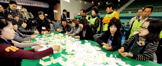 ▲ 10·26 서산시장 재선거 및 충남도의원 보궐선거가 실시된 26일 오후 충남 서산시 농어민문화체육센터 개표장에서 관계자들이 투표용지를 분류하고 있다.서산=손인중 기자 dlswnd98@