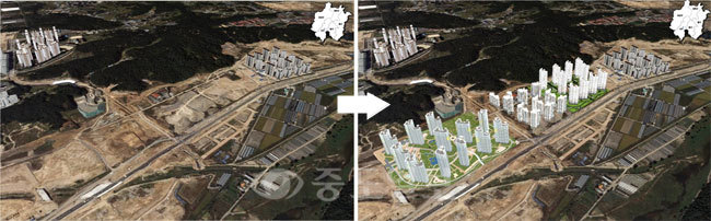 ▲ 3차원공간정보시스템을 통해 도안신도시에 아파트 준공 후 모습을 입체영상으로 보여주고 있다.