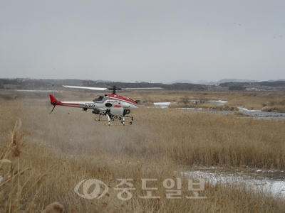 ▲ 항공방제에 투입된 무인헬기 모습.