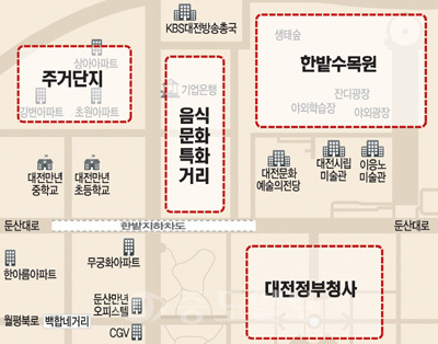 ▲ 대전 서구 만년동 지역은 정부청사, 대전문화예술의 전당 등과 인접한 지역으로 음식문화 특화거리가 조성돼 있어 지역 맛집이 밀집된 '맛집 백화점'으로 각광받고 있다.