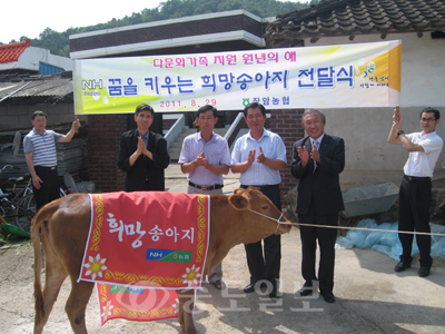 ▲ 농협부여군지부는 희망송아지 전달, 굿뜨래수박 일본 수출, 농촌 일손돕기, 1사1촌 도농교류 사업 등 농업인과 호흡하는 감동경영을 실천하고 있다. 