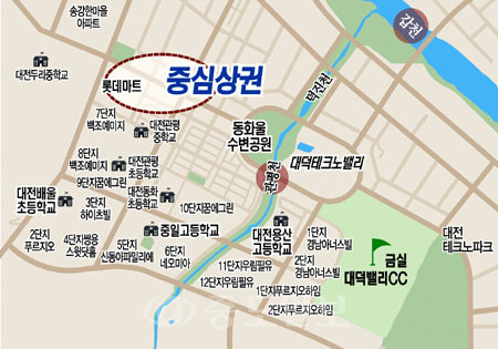 ▲ 대전 유성구 관평동과 용산동지역은 2006년께 산업단지 개발이 완료된 대덕테크노밸리로 불리는 지역으로 대덕특구 연구단지의 연구원, 산업단지의 직장인 등이 주로 거주하는 대전지역의 독립 주거지구다.