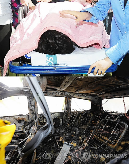 ▲위쪽 사진부터 중환자실로 이동하는 손호영, 이날 오전 서울 용산구 사고지역 인근에 세워진 손씨의 차량. 사진=연합