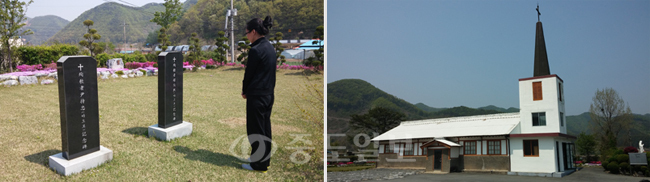 ▲한국 천주교 최초의 순교자인 윤지충(바오로)과 권상연(야고보)의 고귀한 정신을 기억하기 위한 금산의 진산성지. 두 순교자의 고향 인근에 위치하고 있다. 진산성지에 세워져있는 순교자 윤지충(바오로) 기념비(왼쪽)와 권상연(야고보) 기념비. 왼쪽은 진산성지성당의 모습. 1927년에 건립된 성당 건물이 눈길을 끈다.