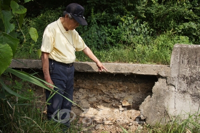 ▲ 갑천누리길 도로 아래가 침식되어 도로 붕괴 우려가 높다. 시멘트 포장으로 겉은 멀쩡해 보이지만 도로 아래가 침식돼, 도로가 허공에 떠있는 상황이다.