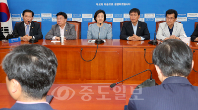 ▲ 충청권 시·도지사 만남  새정치민주연합 박영선 원내대표와 안희정 충남지사, 권선택 대전시장, 이시종 충북지사 등 광역단체장 등 참석자들이 3일 국회 원내대표실에서 열린 비대위 구성 비상회의에서 7·30재보선 참패에 대한 대책과 당의 진로를 논의하고 있다. 이날 회의에는 광역·기초단체장과 시도의회 의장, 시도당위원장이 참석했다. 
<br />연합뉴스