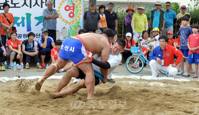 논산시와 계룡시 선수들이 많은 관람객들이 지켜보는 가운데 씨름 결승전을 펼치고 있다. 
<br />이성희 기자