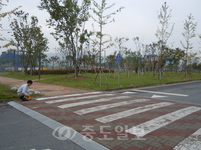 29일 충남개발공사 관계자가 내포신도시내 험프형 횡단보도의 규격을 점검하고 있다. 