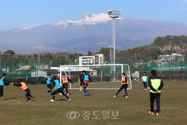 ▲ 제주 서귀포 축구공원에서 전지훈련 중인 대전시티즌 선수들이 청팀과 홍팀으로 나눠 미니게임을 하고 있는 모습.