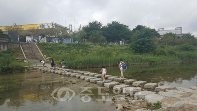 ▲ 자녀와 함께 국립중앙과학관을 찾은 관람객들이 징검다리를 건너고 있다. 