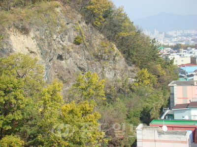 ▲ 대전 탄방동 남선근린공원 절벽이 주택가를 병풍처럼 둘러싸고 있다.