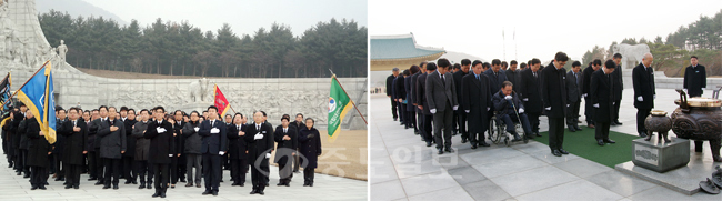 ▲ 순국선열 기리는 마음은 하나  새누리당 대전시당 당직자들은 4일 2016년 새해를 맞아 순국선열의 뜻을 기리고 총선 승리 의지를 다지고자 국립대전현충원을 방문, 참배하고 있다<왼쪽 사진>. 더불어민주당 대전시당 당직자들은 4일 신년을 맞아 국립대전현충원을 참배하고 있다.
<br />더불어민주당·새누리당 제공