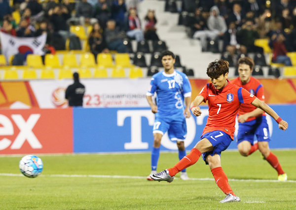 ▲ 13일 오후(현지시간) 카타르 도하 카타르SC 스타디움에서 열린 2016 아시아축구연맹(AFC) U-23 챔피언십 C조 예선 한국 대 우즈베키스탄 경기. 한국 문창진이 페널티킥을 성공 시키고 있다./연합뉴스