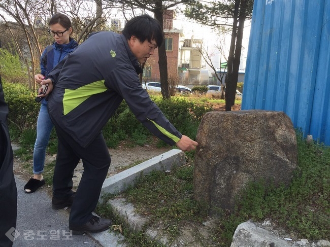 ▲ 30일 오후 강성복 박사가 대덕구 읍내네거리에서 읍내동장승을 확인하고 있다. 임효인 기자 hyoyo@