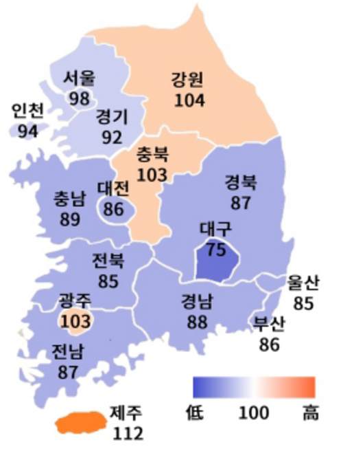 ▲ 전국 체감경기전망 분포. 대한상공회의소 제공.