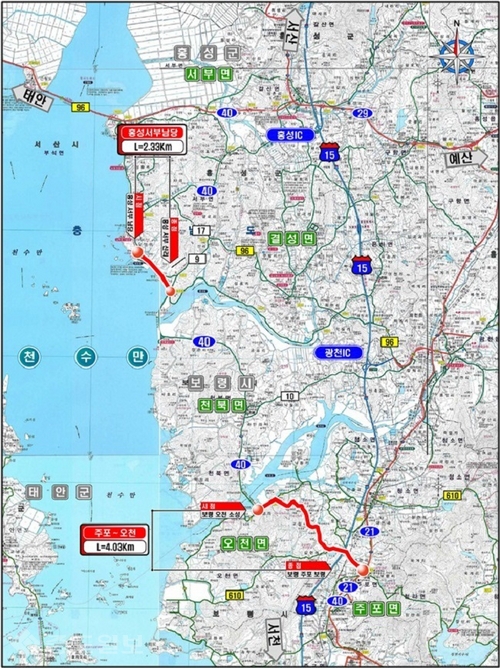 ▲ 대전국토청이 추진하는 홍성서부남당, 주포~오천 도로건설공사 위치도.