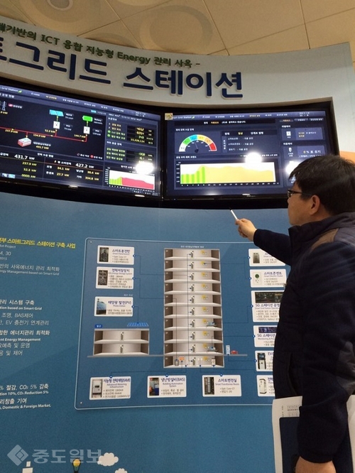 ▲ 한전 대전충남본부 1층에 설치된 지능형전력망(smart grid)에서 관계자가 발전량 최적화를 설명하고 있다.