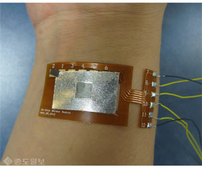 ▲ 인간의 정신건강을 측정하는 피부부착형 유연 스트레스 패치 소자를 팔목에 부착한 모습. /제공=카이스트