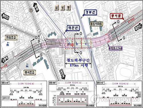 ▲대전 홍도육교 지하화 기본설계 평면도(2014년7월 기준)/자료=연합 DB