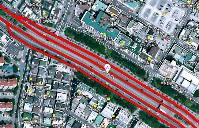 ▲23일부터 영화 옥자가 촬영되는 6차선 도로인 갈마 지하차도. 네이버지도 캡쳐