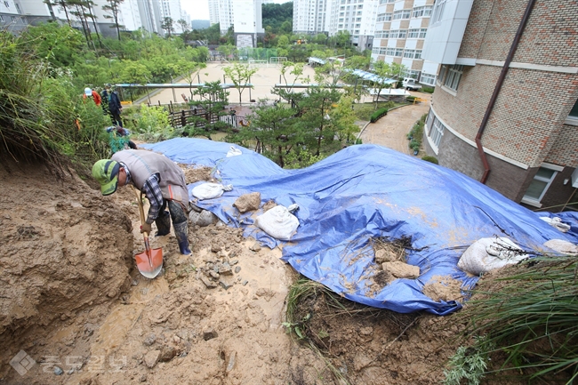 ▲ 밤새 충청지역에 많은 비가 내린 4일 오전 세종시 한 초등학교 인근 동산에서 토사가 흘러내려 시 관계자들이 복구작업을 하고 있다./연합뉴스