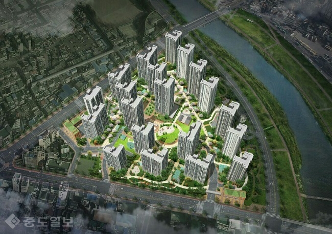 ▲ 대전 도마변동8구역 재개발조합은 부채꼴 부지(10만2848㎡)에 최고 34층 규모의 공동주택을 20개동 1881세대 재개발을 추진한다.  
<br />