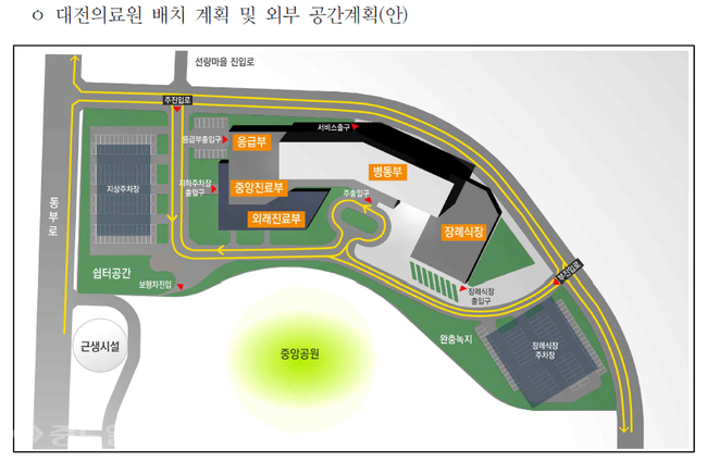 ▲ 대전의료원 배치계획 및 외부 공간계획도.