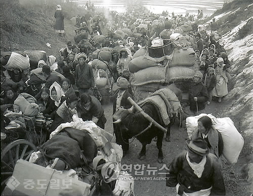 ▲ 1951년 1월 5일. 1.4 후퇴 당시 서울을 떠나 남으로 향하는 피난민의 행렬./사진=연합 DB ▲ 1951년 1월 5일. 1.4 후퇴 당시 서울을 떠나 남으로 향하는 피난민의 행렬./사진=연합 DB