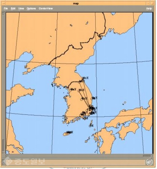 ▲ 12일 오후 7시 44분께 발생한 지진 관측 파형. (자료제공=한국지질자원연구원)