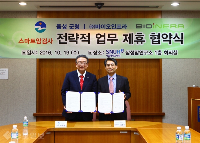 이필용 음성군수(사진 왼쪽)와 김철우 대표가 기념 촬영을 하고 있다.