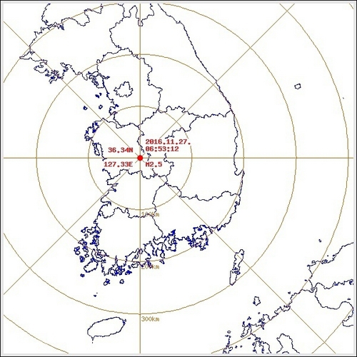▲ 대전 유성구 남서쪽 3km 지역 2016년 11월 27일 06시 53분 12초 규모 2.5 지진 발생.(사진=기상청 제공)