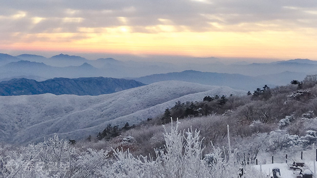 ▲ 덕유산 향적봉에서 바라본 눈 덮인 산과 해돋이.