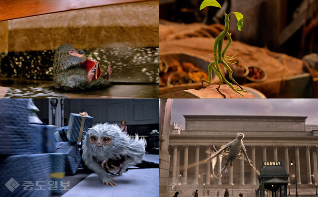 ▲영화 캡처 이미지. 왼쪽 상단부터 '니플러', '보우트러클','데미가이즈','천둥새'.