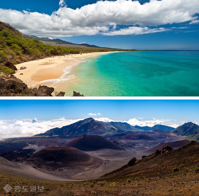 ▲상단 마우이섬 전경, 하단 할레아칼라 국립공원.