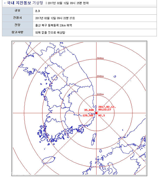 ▲ 13일 오전 4시 2분 기상청 지진정보에는 울산 지진만 게재돼 있다./사진=기상청 캡쳐