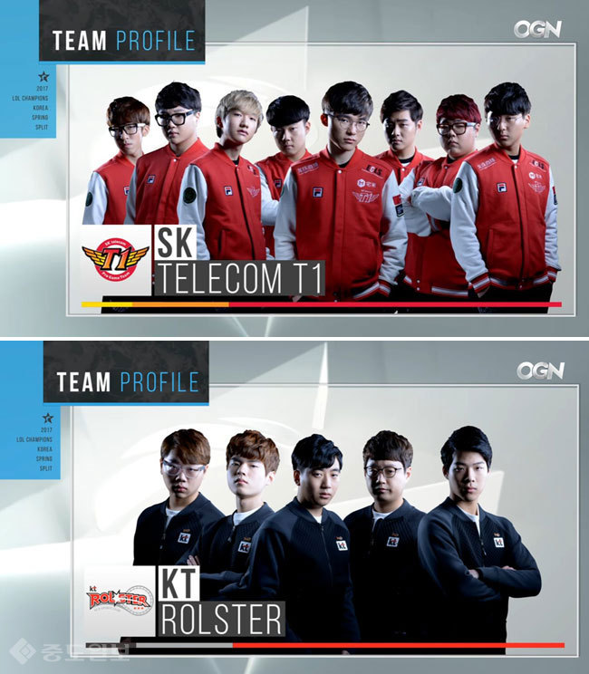 ▲ 2강체제로 공동 1위를 기록중인 SKT T1(위), KT 롤스터(아래) /사진=OGN 방송 캡쳐