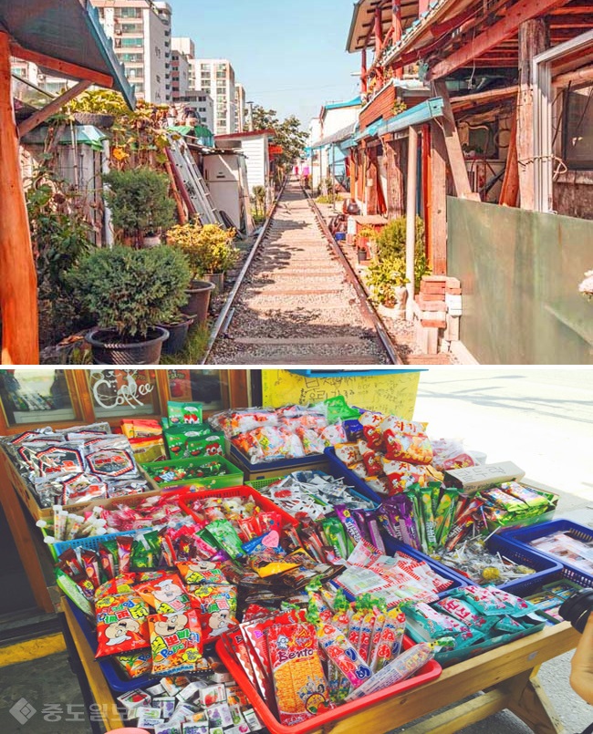 ▲골목길과 형형색색의 불량과자들.
