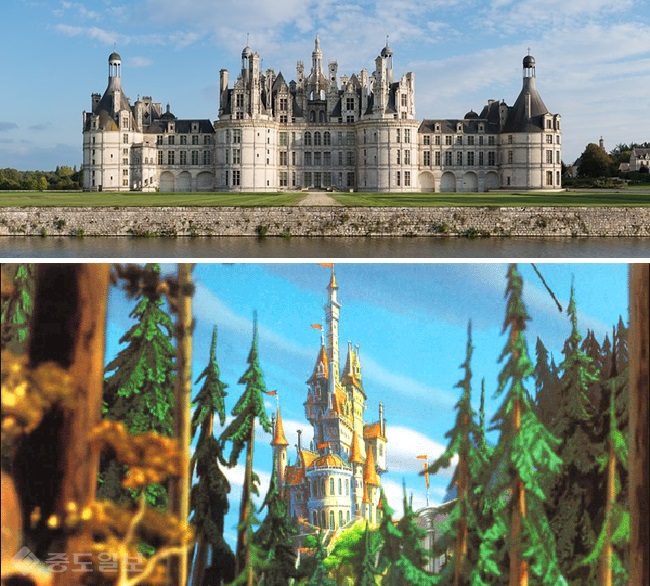▲ 디즈니만화 속 야수의 성(위쪽)과 실제 샹보르 성.