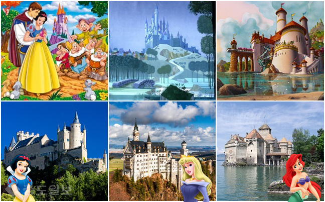 ▲왼쪽 상단부터 백성공주 성, 잠자는 숲속의 공주 성, 인어공주 성.